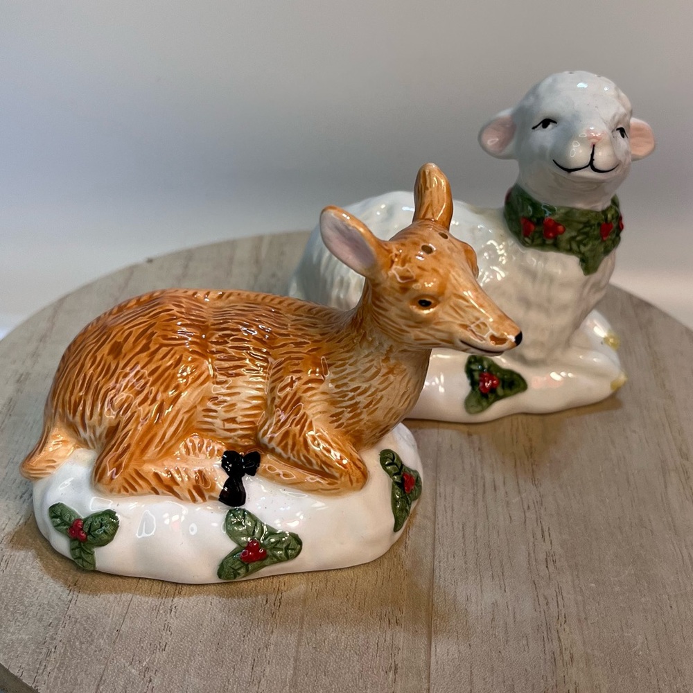 Vintage 90s Ceramic Holiday Deer and Lamb Salt and Pepper Shakers Young’s Inc